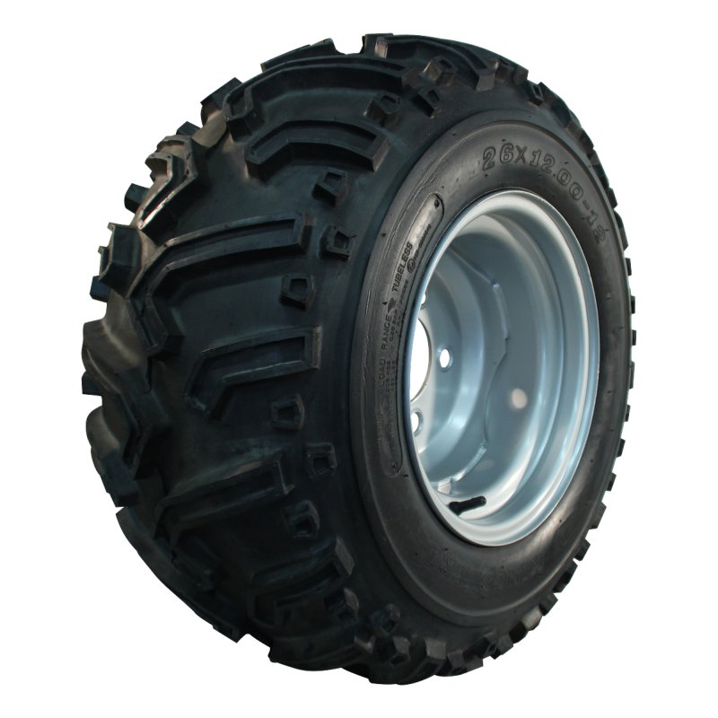 luchtband + wiel 26x12.00-12 10.50Ix12H2 ET0 94/140/5 staal KT-103 zilvergrijs