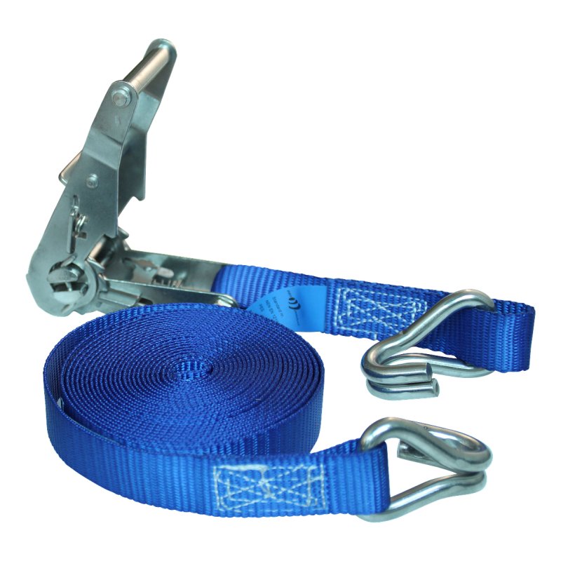 lashing belt with stainless steel ratchet and double point hook blue 25mm 5000mm polyester