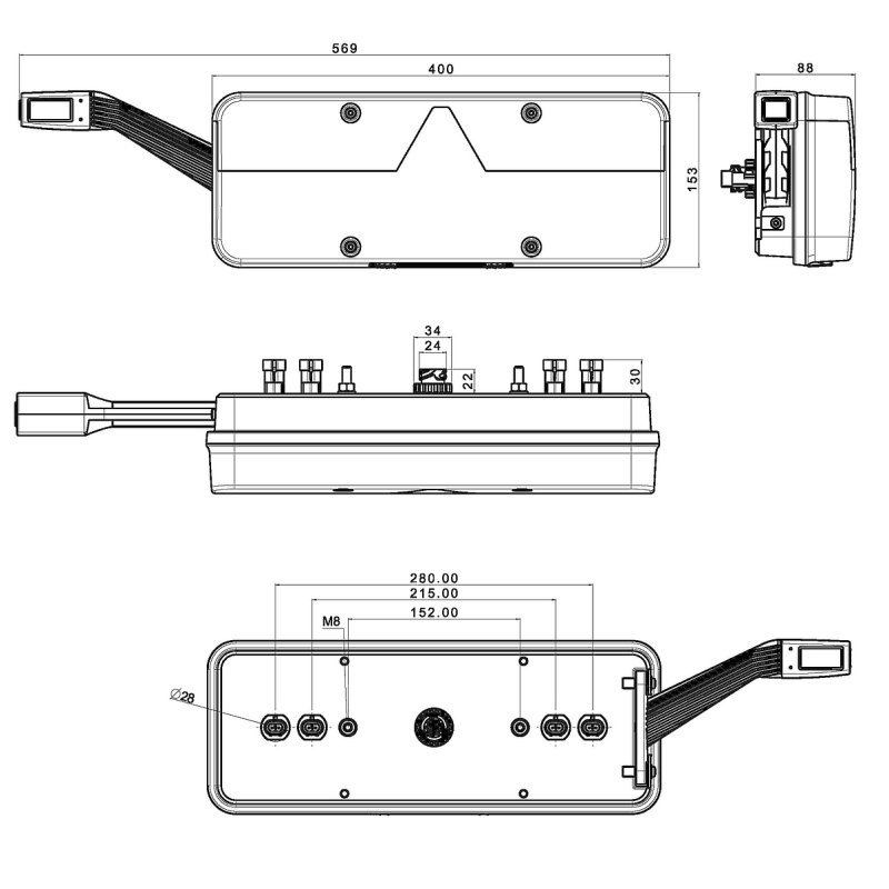 feu arrière LED connecteur AMP 7 PIN droit 9/36V Lavaflow