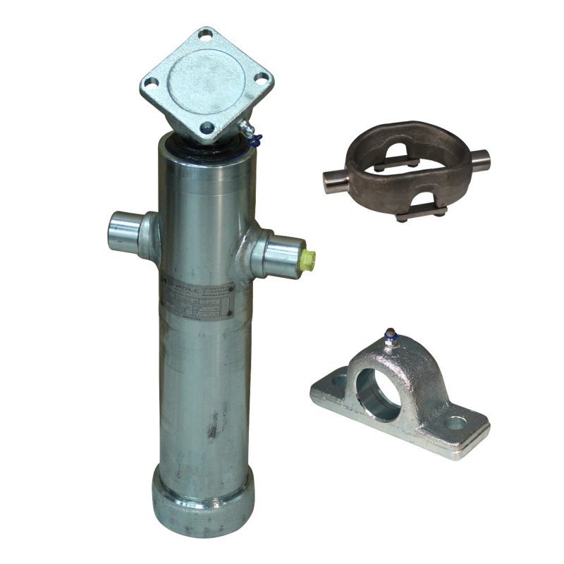 set lifting cylinder galvanised 2036Q 5 tonne stroke 1043 mm 3 stages + galvanised screw pan, cardan ring, mounting eyes and hose rupture protection