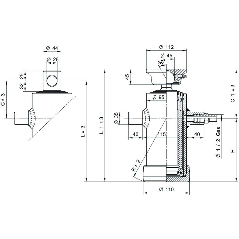 set lifting cylinder galvanised 2036Q 5 tonne stroke 1043 mm 3 stages + galvanised screw pan, cardan ring, mounting eyes and hose rupture protection
