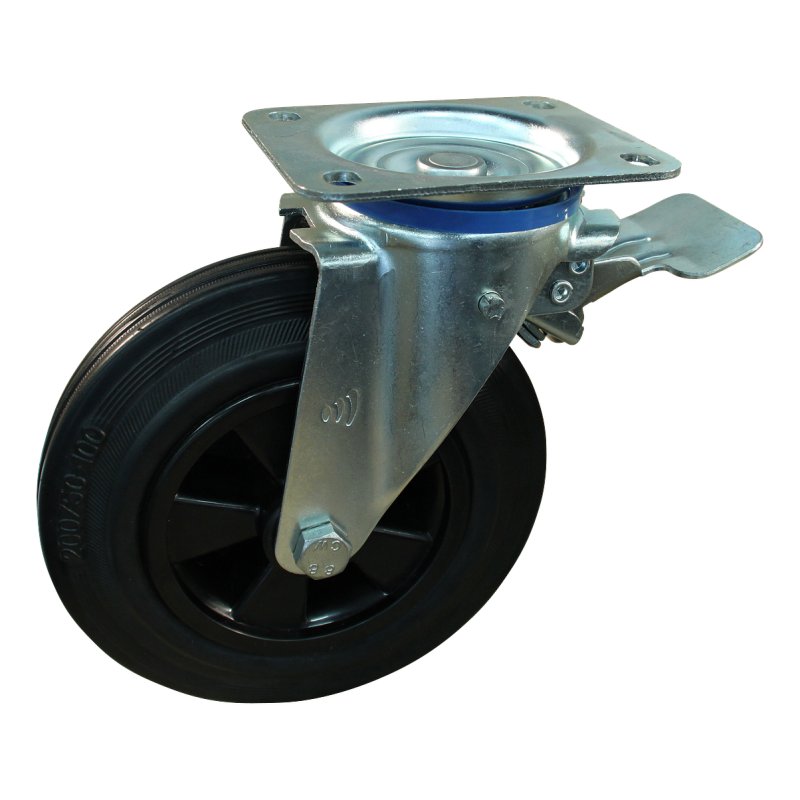 zwenkwiel geremd 200mm serie 01 ᠆ 12 plaatbevestiging met uitsparing richtingvastzetter rollager