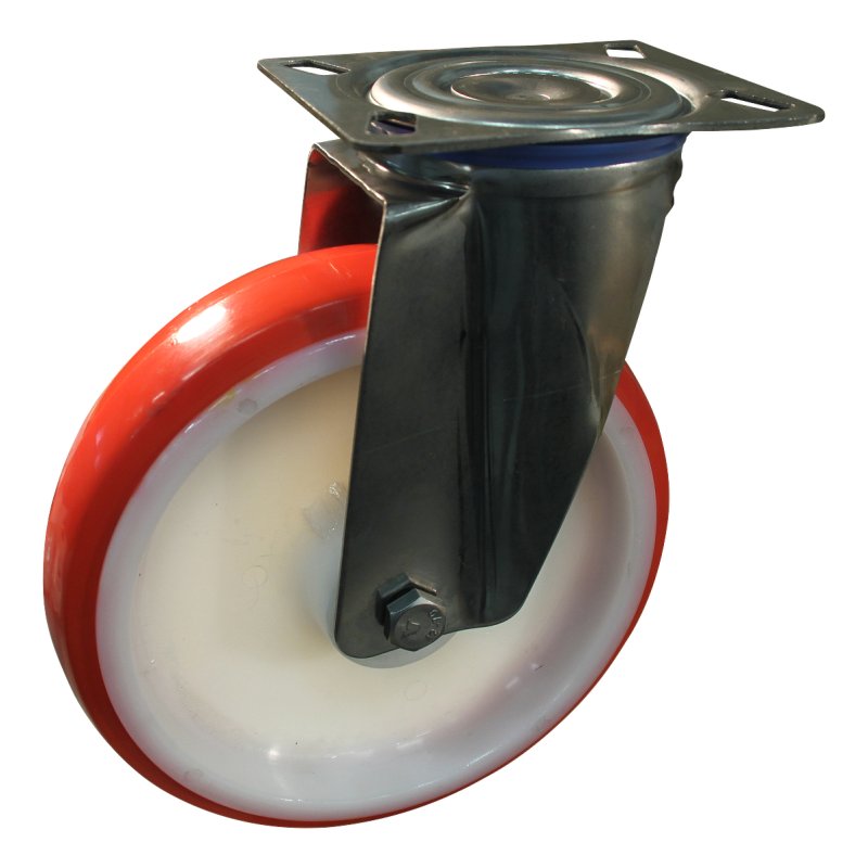 zwenkwiel 200mm serie 27 ᠆ 30 plaatbevestiging RVS rollager