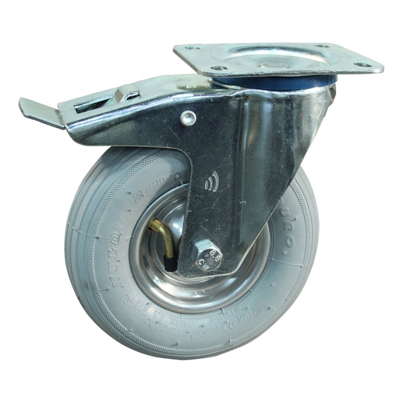 swivel castor with brake 200x50 1.25x3.8 (200x50) ET0 NL60mm steel HF-207A silver grey 200mm 15 plate mounting roller bearing