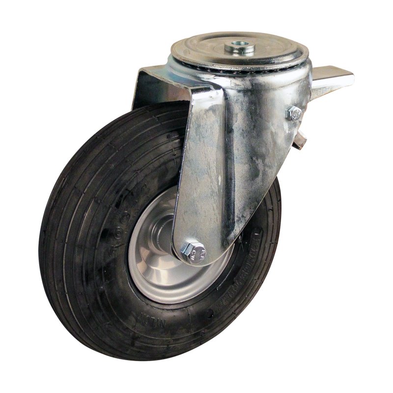 zwenkwiel geremd 3.00-4 2.10x4 ET0 NL69mm staal V-5501 grijs 91 plaatbevestiging rollager