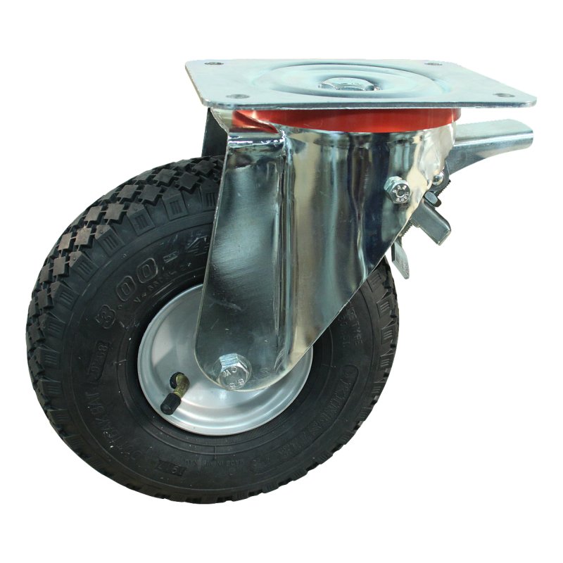 swivel castor with brake 3.00-4 2.10x4 ET0 NL69mm steel S-2303 grey 91 plate mounting roller bearing