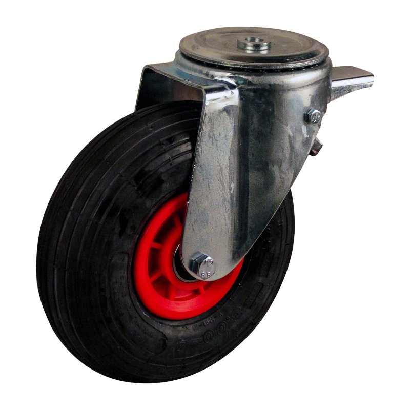 swivel castor with brake 3.00-4 2.10x4 ET0 NL75mm plastic V-5501 red 91 plate mounting roller bearing