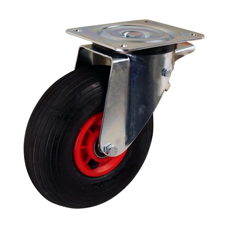 zwenkwiel geremd 3.00-4 2.10x4 ET0 NL75mm kunststof V-5501 rood 91 plaatbevestiging rollager