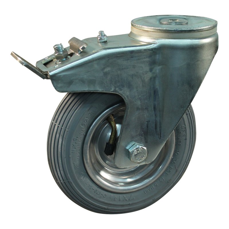 swivel castor with brake 7x1 3/4 (175x45) 1.25x3.8 (200x50) ET0 NL60mm steel C-179 silver grey 15 bolt hole roller bearing