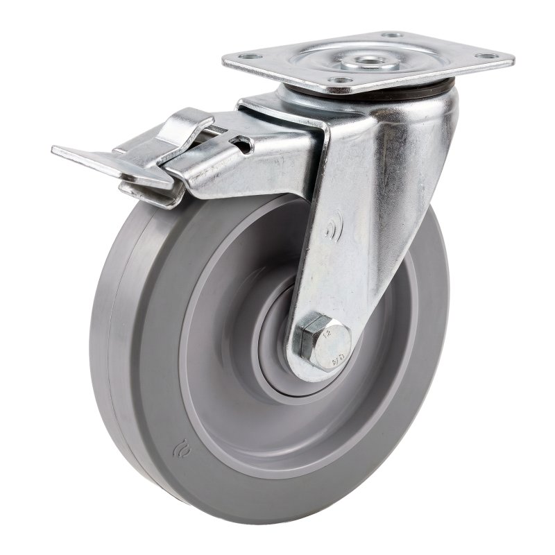 swivel castor with brake 200mm series 14 ᠆ 12 plaatbevestiging met uitsparing richtingvastzetter ball bearing