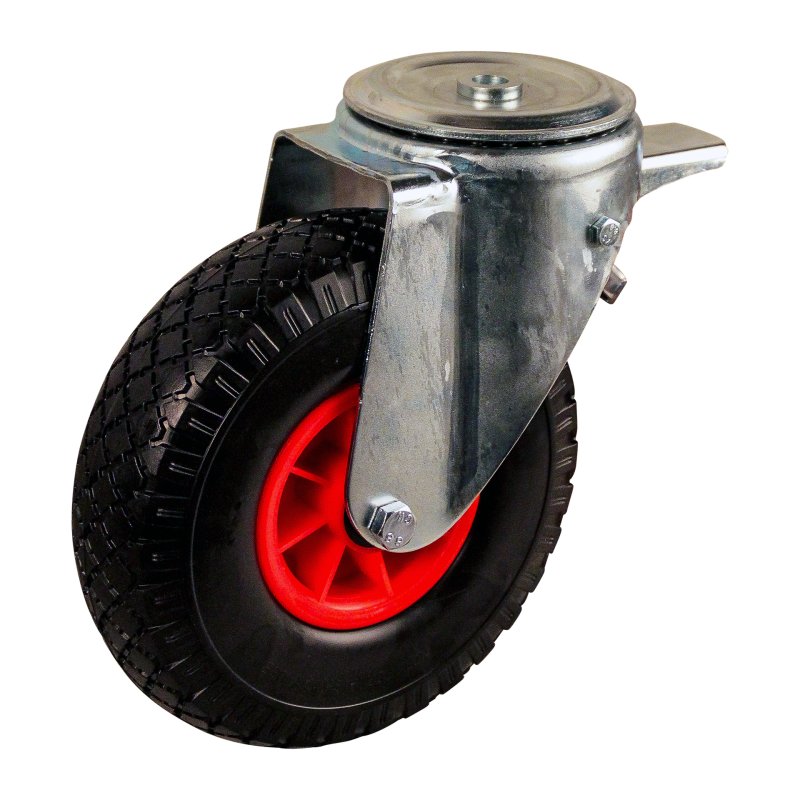 swivel castor with brake + roller bearing Ø20 NL75mm plastic red 3.00x4 block 2.10X4 91 plate mounting roller bearing