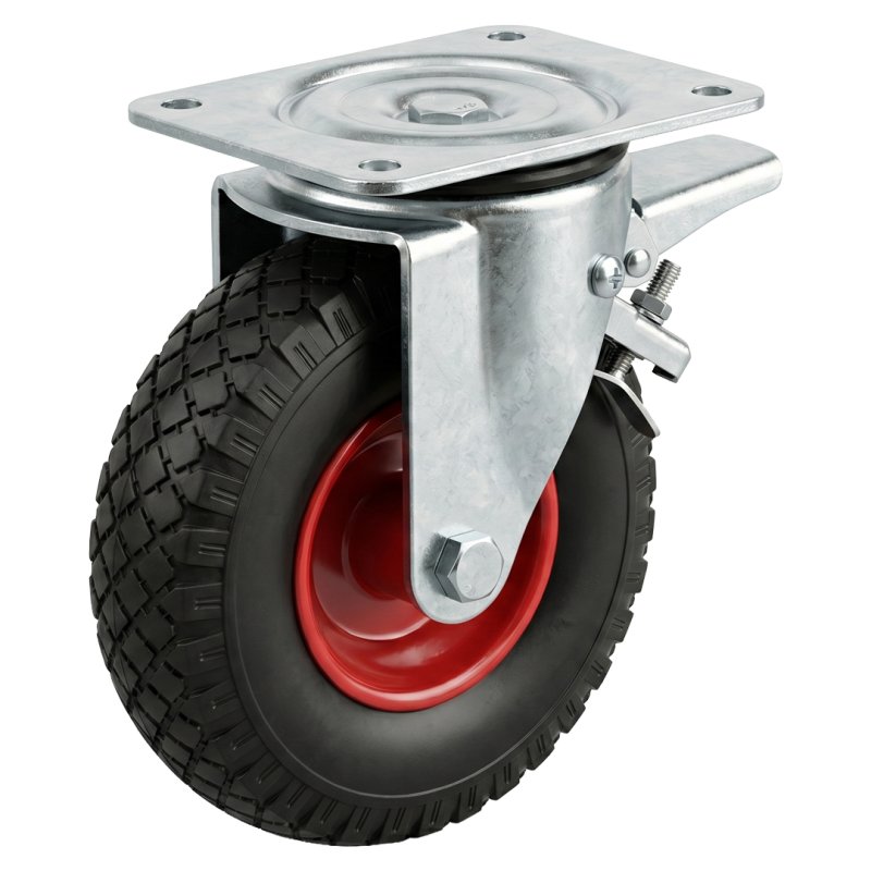 swivel castor with brake + roller bearing Ø20 NL75mm steel red 3.00x4 block 2.10X4 91 plate mounting roller bearing