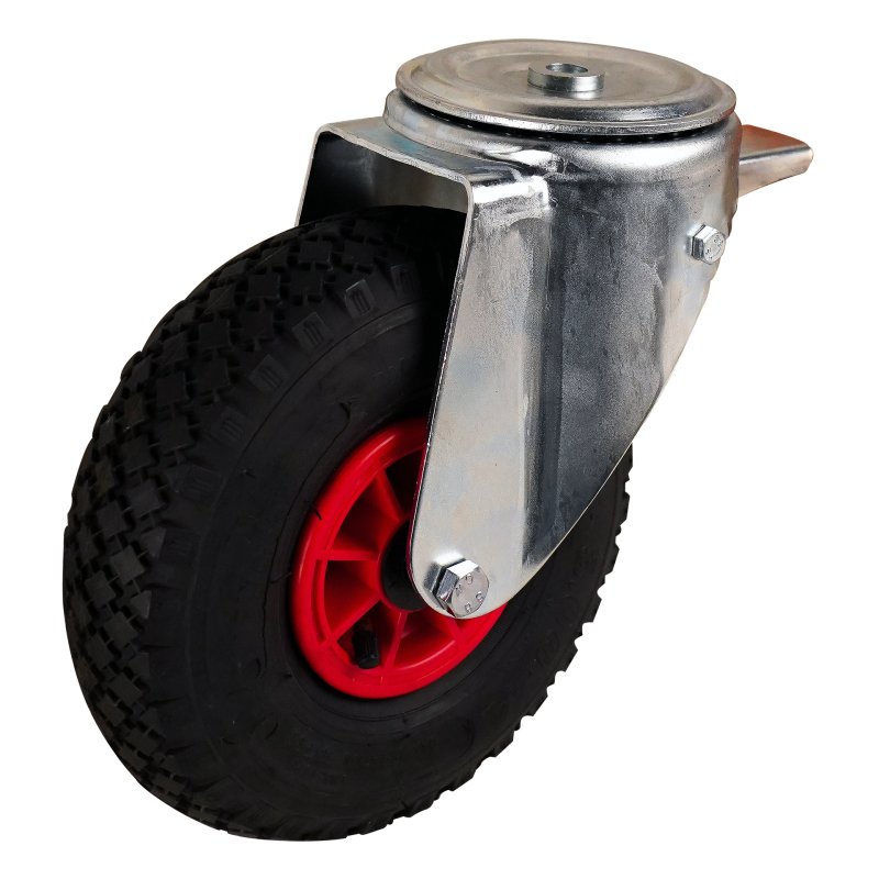 swivel castor with brake 3.00-4 2.10x4 ET0 roller bearing Ø20 NL75mm plastic V-6605 red 91 plate mounting roller bearing