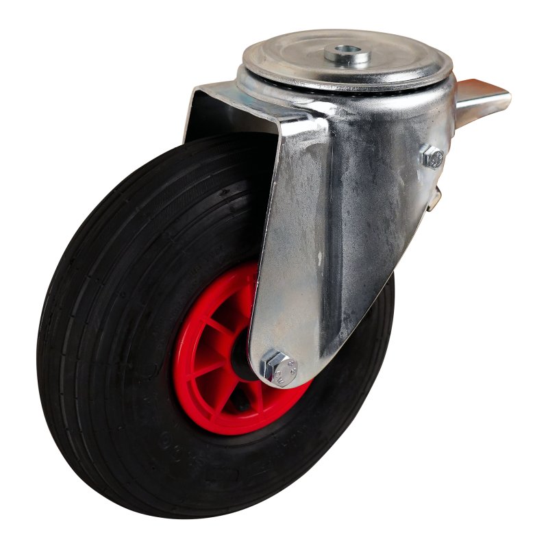 swivel castor with brake 3.00-4 2.10x4 ET0 roller bearing Ø20 NL75mm plastic V-5501 red 91 plate mounting roller bearing