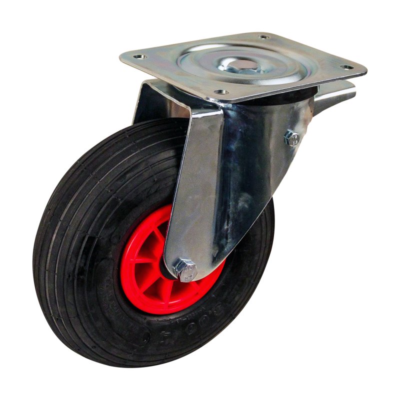 swivel castor with brake 3.00-4 2.10x4 ET0 roller bearing Ø20 NL75mm plastic V-5501 red 91 plate mounting roller bearing