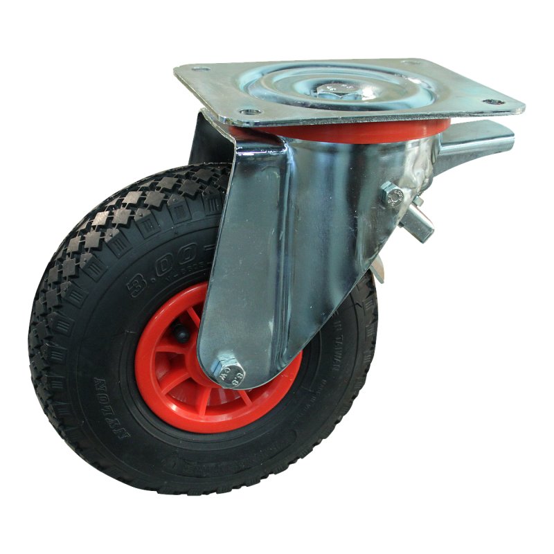 swivel castor with brake 3.00-4 2.10x4 ET0 NL75mm plastic V-6605 red 91 plate mounting ball bearing