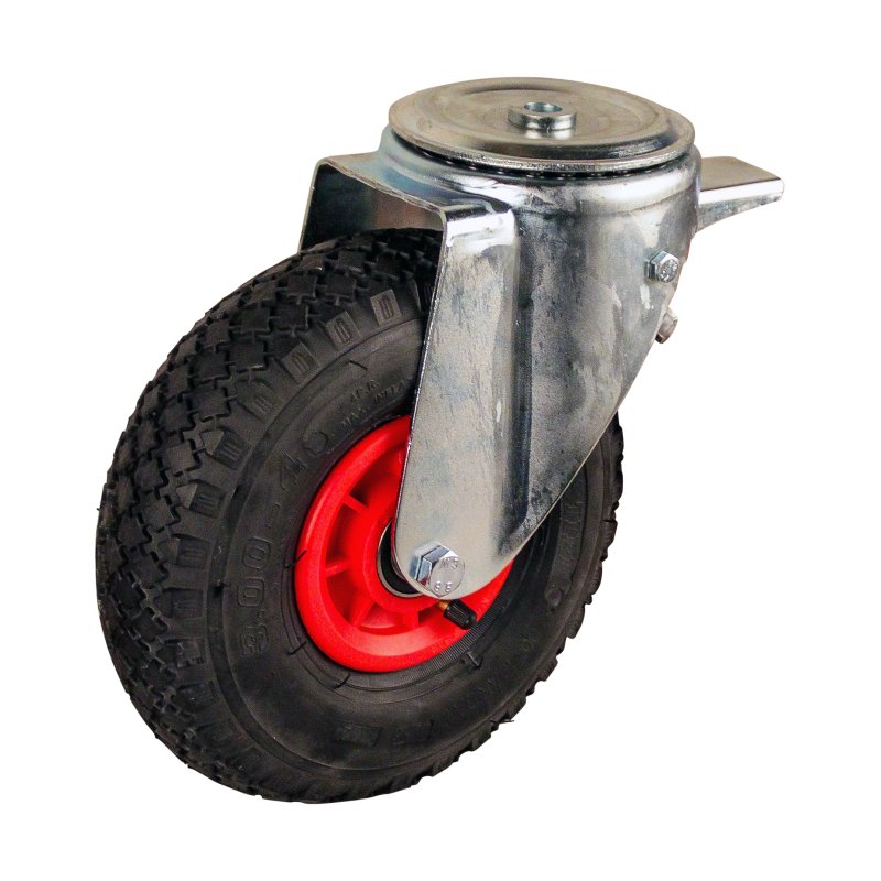 swivel castor with brake 3.00-4 2.10x4 ET0 NL75mm plastic V-6605 red 91 plate mounting roller bearing