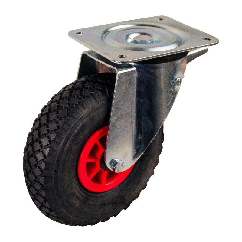 swivel castor with brake 3.00-4 2.10x4 ET0 roller bearing Ø20 NL75mm plastic V-6605 red 91 plate mounting roller bearing