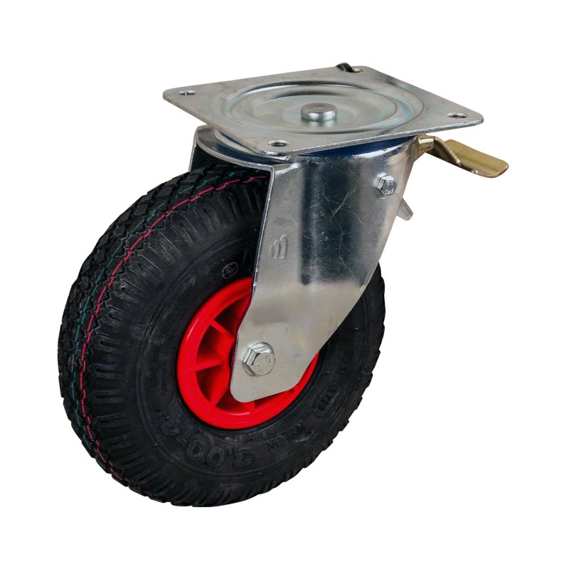 swivel castor with brake 3.00-4 2.10x4 ET0 roller bearing Ø20 NL75mm plastic S-2303 red 12 plate mounting roller bearing