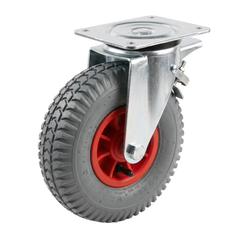 swivel castor with brake 3.00-4 2.10x4 ET0 roller bearing Ø20 NL75mm plastic C-248 red 91 plate mounting roller bearing