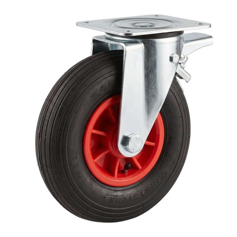 swivel castor with brake 3.00-4 2.10x4 ET0 roller bearing Ø20 NL75mm plastic S-2301 red 91 plate mounting roller bearing