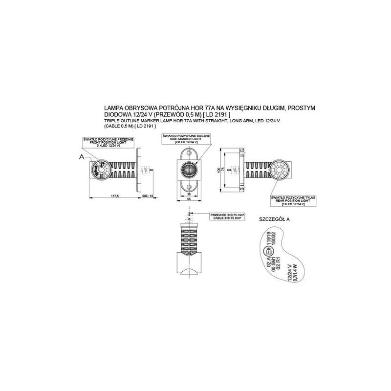 LED Begrenzungsleuchte rot-weiß-amber | 12-24V | 50cm. Kabel