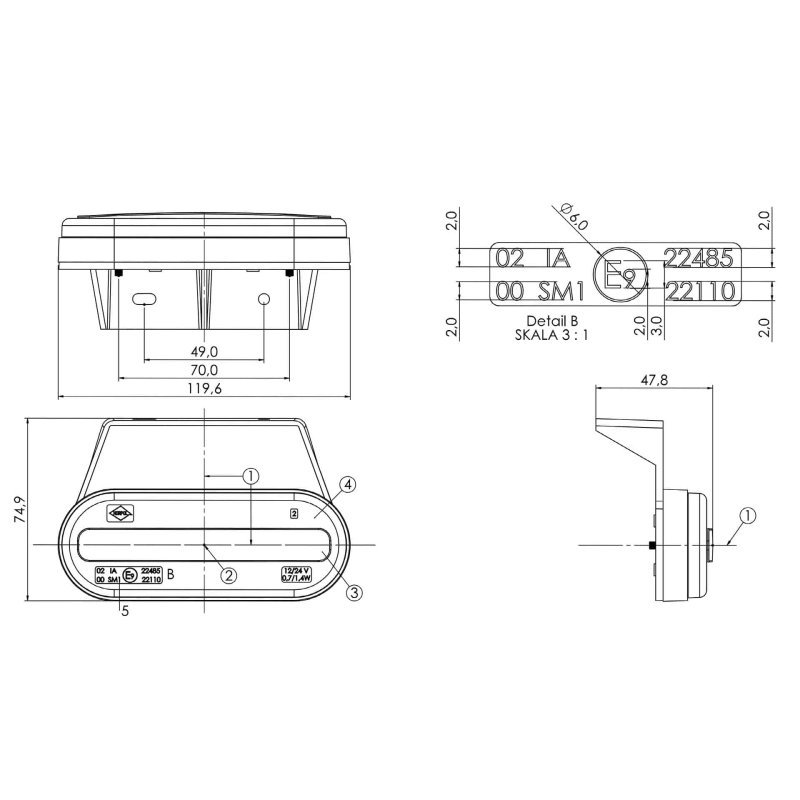 LED markeringslicht wit met beugel | 12-24V | 50cm. kabel