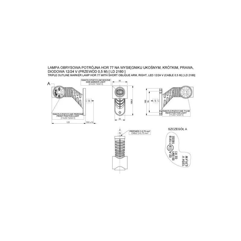 Rechts | LED Begrenzungsleuchte | rot-weiß-amber | 12-24V | 50cm. Kabel