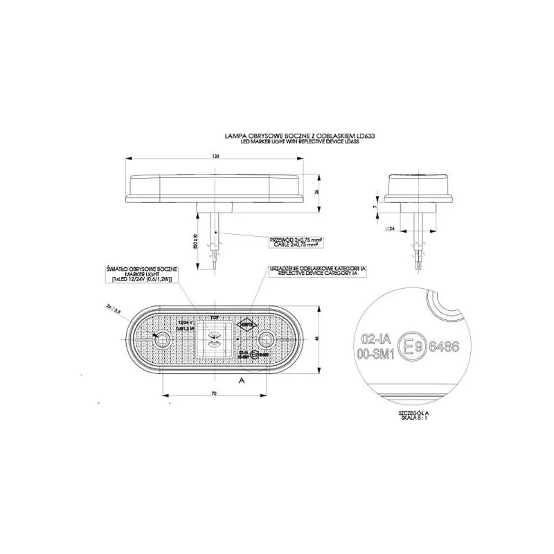 LED markeringslicht amber 12-24V 50cm kabel