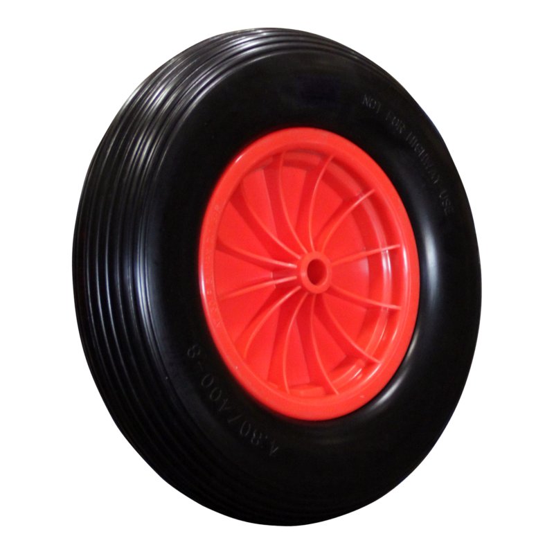 PU tire + wheel + plain bore Ø20 NL75mm plastic red 4.00x8 line 2.50Ax8