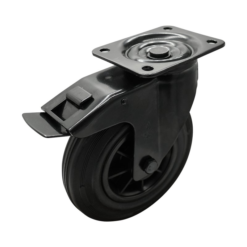 swivel castor with brake 200mm Novio Black series 01 ᠆ 15 plate mounting roller bearing