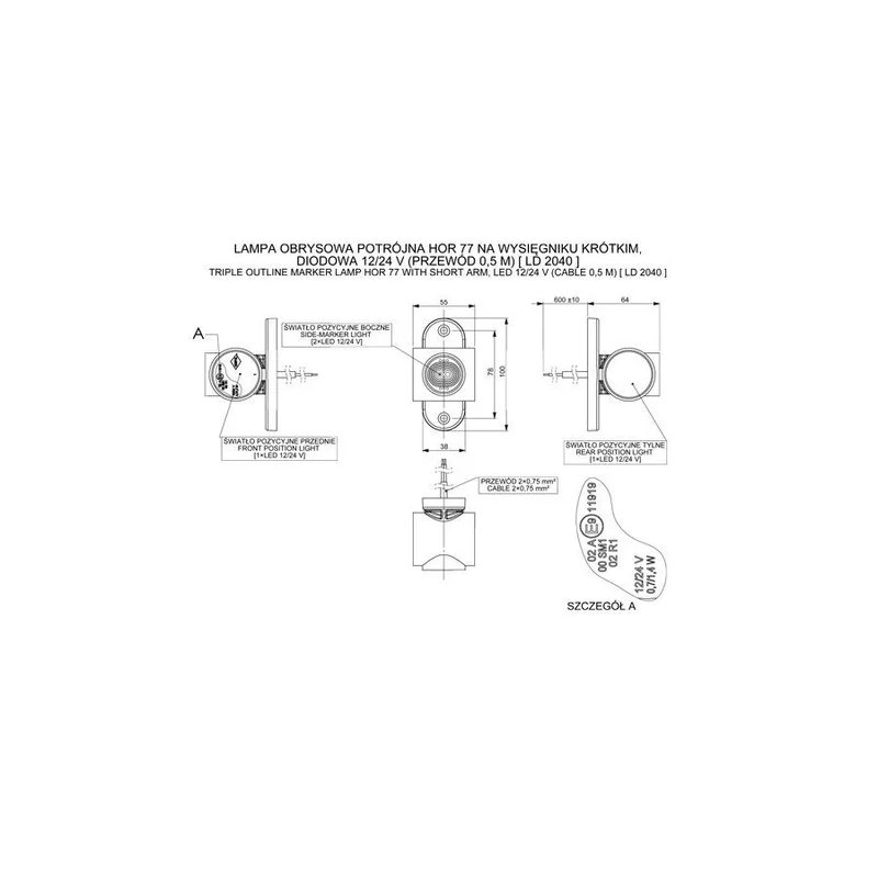 LED Begrenzungsleuchte rot-weiß-amber | 12-24V | 50cm. Kabel