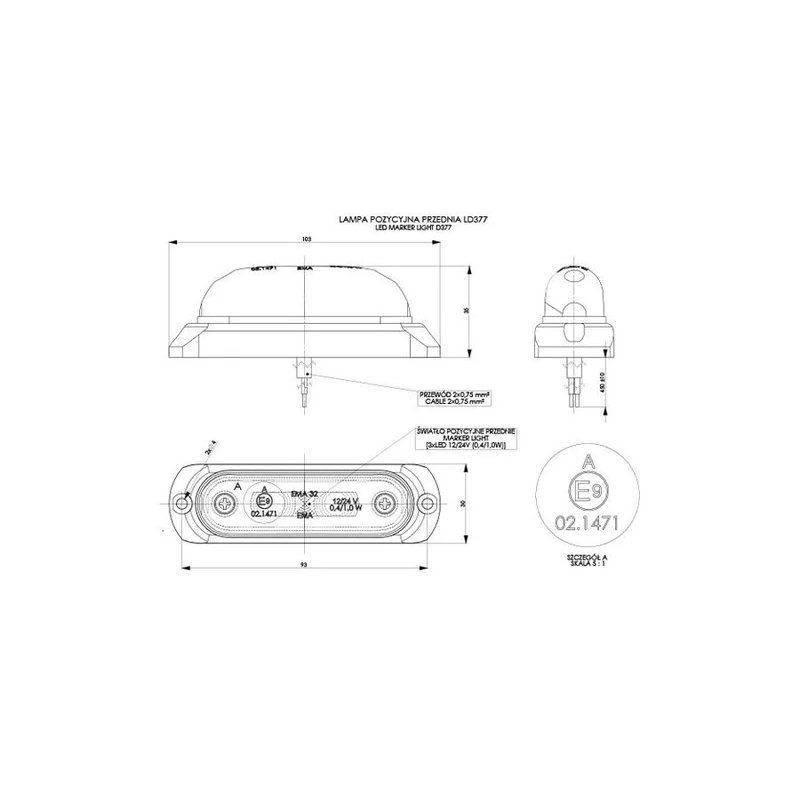 LED markeringslicht wit met beugel | 12-24V | 50cm. kabel